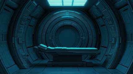 Fototapeta premium Futuristic medical bay with a sleek examination bed in a sci-fi environment, illuminated by blue light.