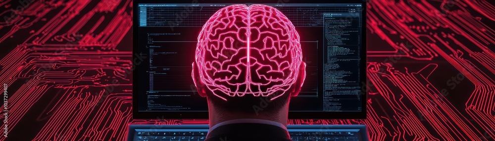 Aufkleber futuristic representation of a brain connected to a computer, glowing in red, digital elements in ba
