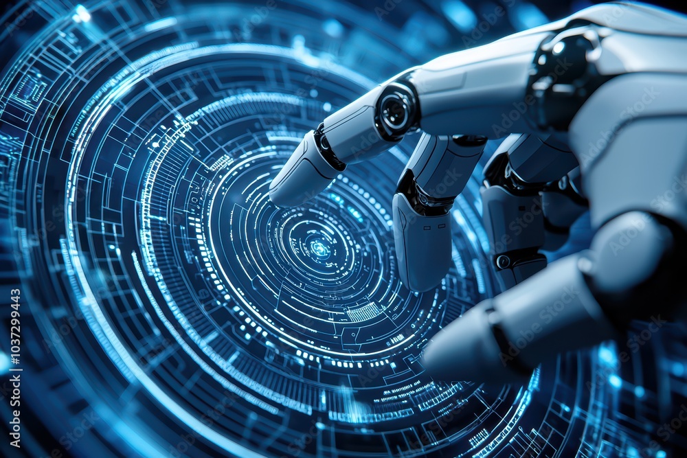 Poster futuristic robot hand interacting with a digital interface, abstract glowing technology background
