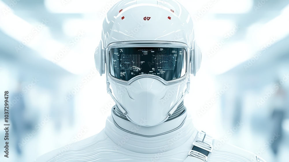 Poster futuristic robotic figure in a high-tech environment, showcasing advanced technology and sleek desig