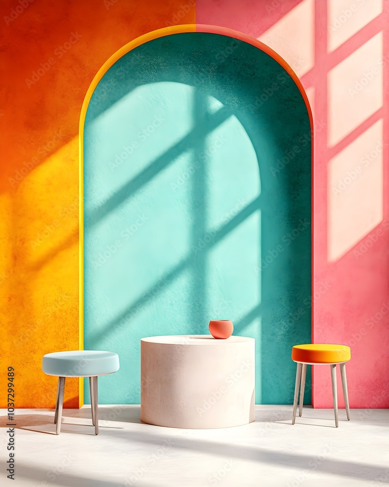 Poster resplendent 3d studio scene with eclectic color tones bare concrete floor and walls accentuating a c