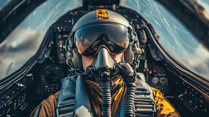 Close-up of a fighter jet pilot inside the cockpit, capturing courage and the thrill of flight in extreme conditions
