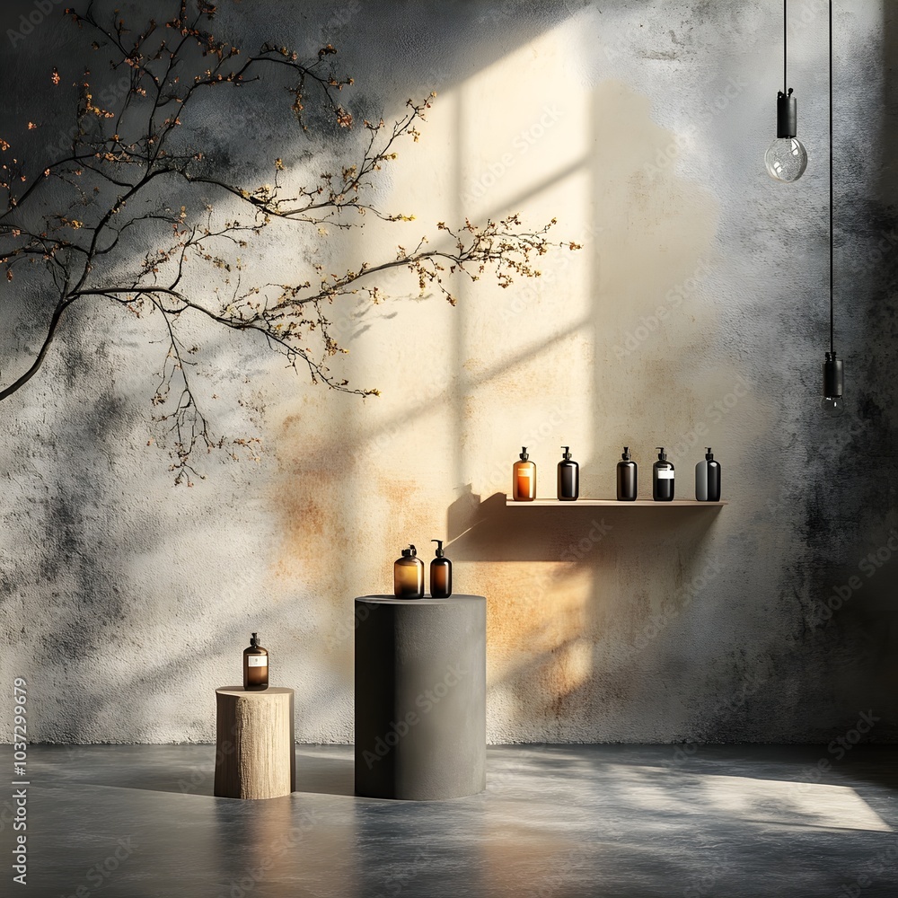 Poster minimalist and sleek 3d studio scene with a prominent product stand and dynamic window lighting crea