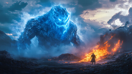 A colossal elemental battle between fire and ice unfolds at dusk with a sorcerer facing a massive creature in a volcanic landscape. Elemental Wizard. Illustration