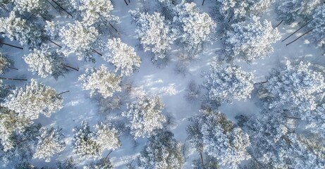 Drone Photo of Snow-Covered Evergreen Trees After Winter Blizzard. AI generated illustration.