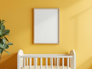 Minimalist baby nursery and white crib with blank poster frame mockup, yellow wall background, wall art poster mock up