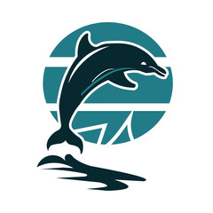 A silhouette of a dolphin jumping out of the water. The dolphin is black and the water is blue. The dolphin is in the center of the image.