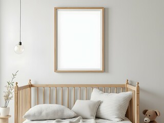 Minimalist baby nursery and white crib with blank poster frame mockup, white wall background, wall art poster mock up