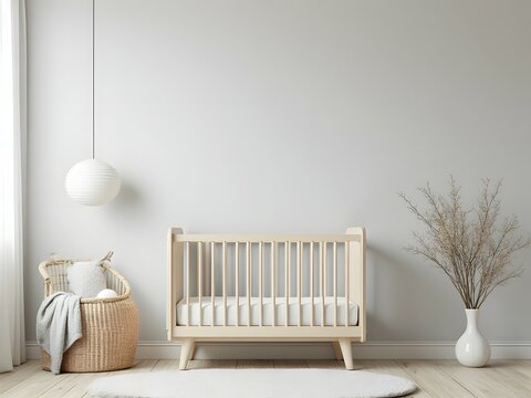Baby bedroom decor with white crib. Minimalist kids room with cot