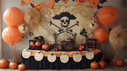 Pirate Halloween party for kids with treasure maps, pirate costumes, and spooky decorations, creating an adventurous atmosphere for young swashbucklers.