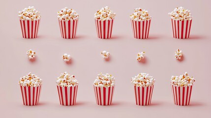 A playful set of popcorn icons with kernels popping out of classic theater-style tubs, isolated on a clean background.