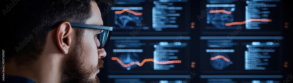 Aufkleber man analyzing data on digital screens in a modern office environment.