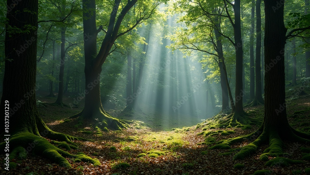 Wall mural enchanting forest scene with sunlight filtering through dense trees