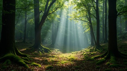 Obraz premium Enchanting forest scene with sunlight filtering through dense trees