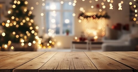Empty Wooden Table Top with Christmas Tree Background. AI generated illustration.