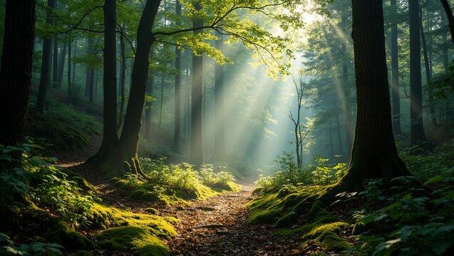 Enchanting forest scene with sunlight filtering through dense trees