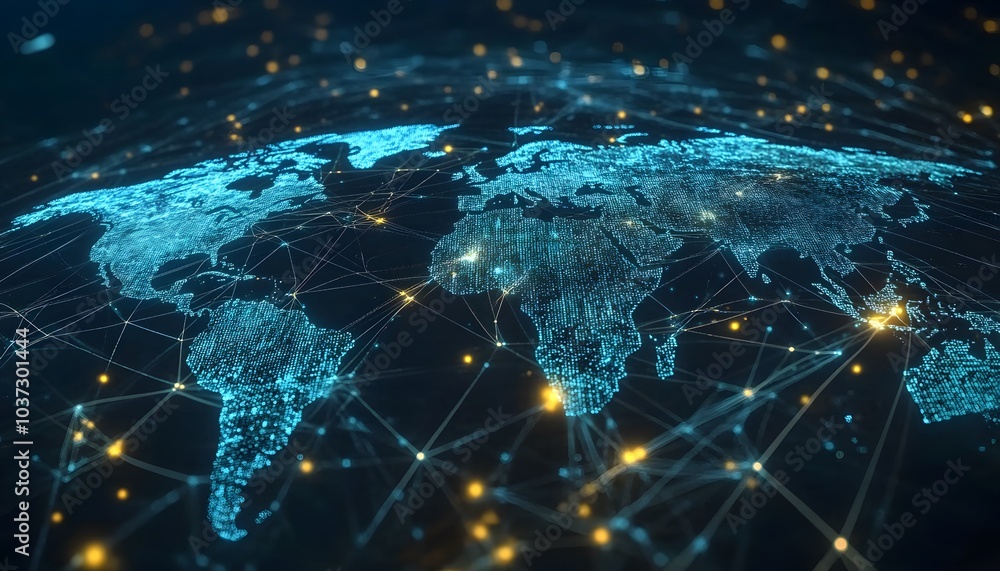 Leinwandbilder A digital representation of a connected world, featuring glowing lines and dots that illustrate data flow and global networks.