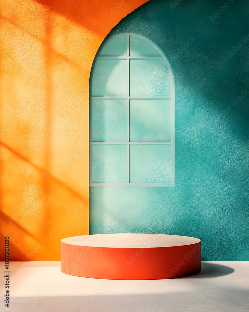 Poster sleek and modern 3d studio space featuring a vivid gradient wall and floor a central product display