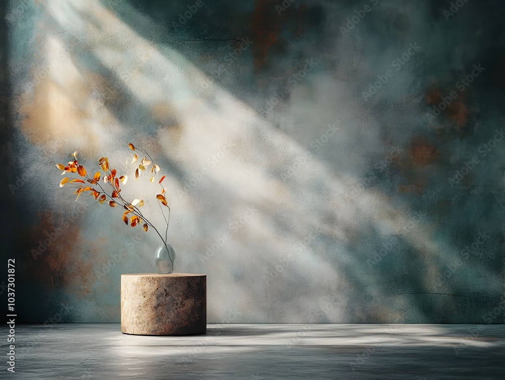 Poster sleek 3d studio space with polished marble floor and backdrop central product display podium and dir