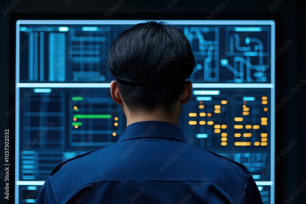 Poster person analyzing data on a large screen, high-tech environment with vivid charts and graphics.