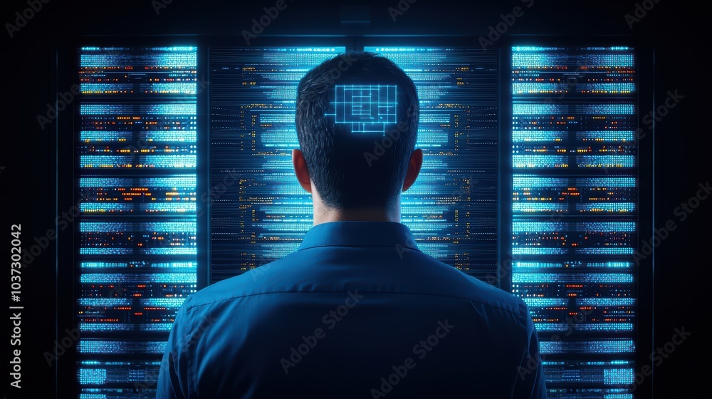 Poster person analyzing data with digital interface and server in background, focused on information, moder