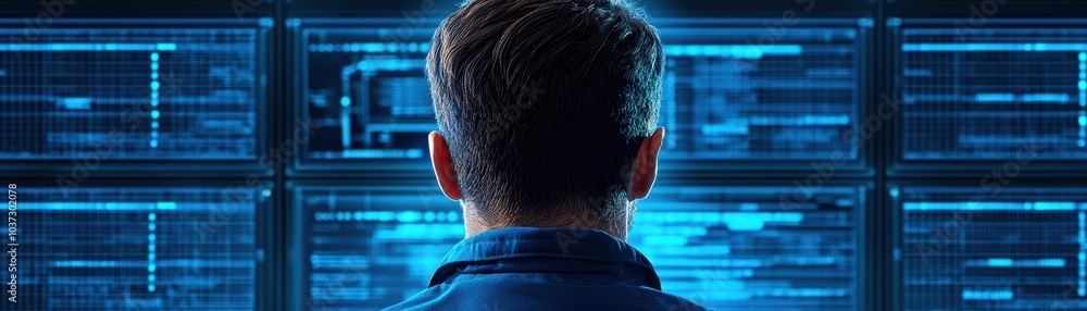 Poster person observing data analysis on multiple screens in a dark environment.