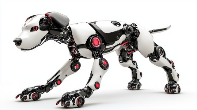 A robot dog with advanced sensors and lifelike behaviors, isolated on a clean white background.