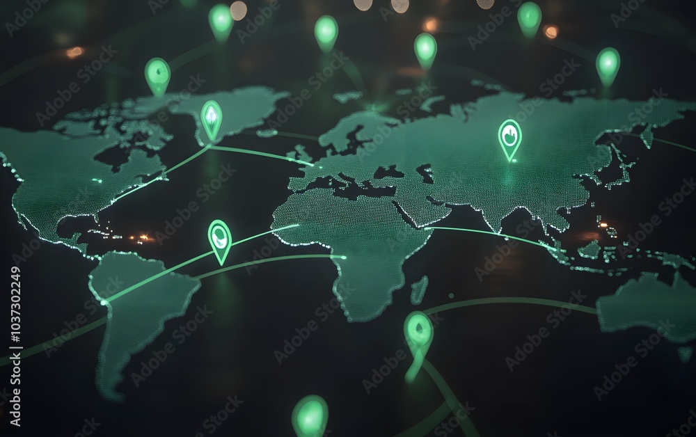 Poster A digital map displays interconnected global locations marked by glowing green pins, symbolizing technology and connectivity.