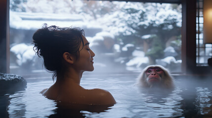 a woman and a monkey relaxing in an onsen surrounded by serene mountains and snow - 温泉