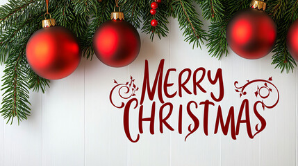 Obraz premium Merry Christmas decorations with red ornaments and pine branches create festive atmosphere. Perfect for holiday celebrations and seasonal joy