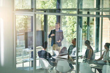 Business, people or tech in boardroom for conference, brand management or feedback chart. Man...