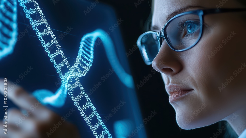 Poster researcher studying dna structure with digital display in dark laboratory environment.