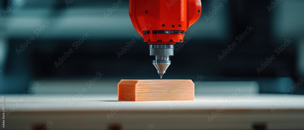 Aufkleber robotic arm carving a wooden block in a modern workshop with precision technology.