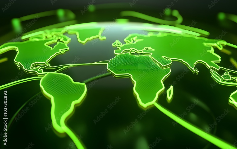 Aufkleber A glowing green map of the world, highlighting continents and oceans on a dark background, symbolizing technology and global connectivity.
