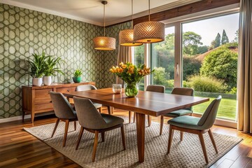 Fototapeta premium Midcentury Modern Dining Room with Wooden Table and Chairs - Candid Photography Style for Interior Design Inspiration