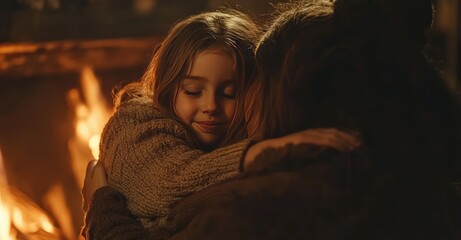 Family Mother and Child Hugging by Fireplace on Winter Evening. AI generated illustration.