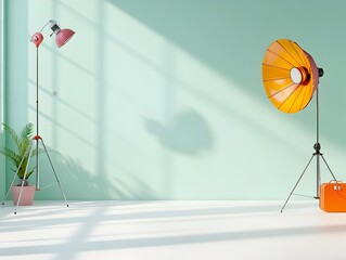 Sleek and Chic 80s Inspired Photography Studio With Retro Futuristic Chrome and Glass Fixtures Dramatic Lighting and Minimalist Product Display Mockup