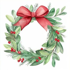 Fototapeta premium A detailed hand-painted clipart of a traditional Christmas wreath made of green pine leaves with red berries and a red ribbon, soft lighting and subtle shadows, digital art style,