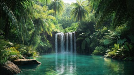 A tropical landscape with lush greenery, towering palm trees, and a waterfall cascading into a crystal-clear pool below.