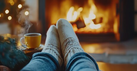 Feet in Woollen Socks by the Christmas Fireplace. AI generated illustration.
