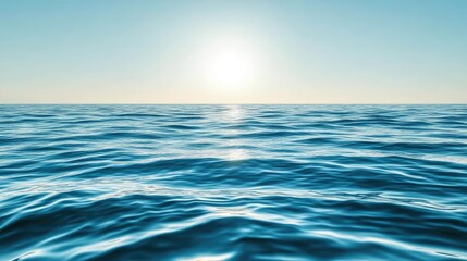 Obraz premium A reflective ocean surface with calm waves gently moving across a sunlit horizon, under a clear sky.