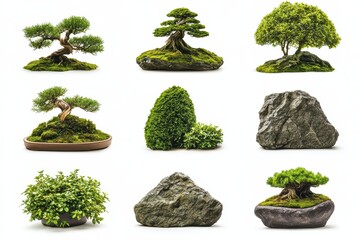 Various types of bonsai trees and rocks on white isolated background.