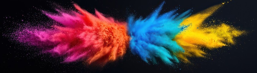 Vibrant color powder explosion on a dark background, showcasing beautiful hues of pink, blue, and yellow.