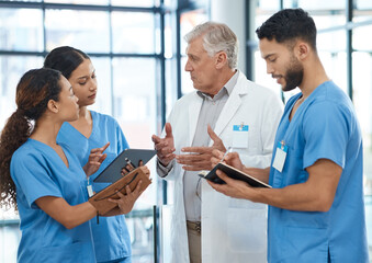 People, doctor and tablet with discussion in hospital for healthcare schedule, planning surgery and...