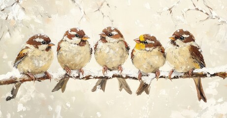 Five Funny Little Sparrows Sitting on a Branch in Winter Garden. AI generated illustration.