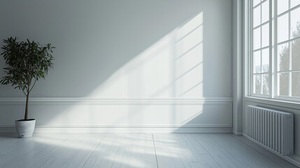 Obraz premium Radiator in Minimalist Room A classic white radiator in a minimalist, clean room, highlighting its design and function with ample space for text