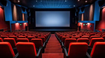 A row of cinema seats facing a large blank screen, perfect for movie or presentation mockup in a wide auditorium.