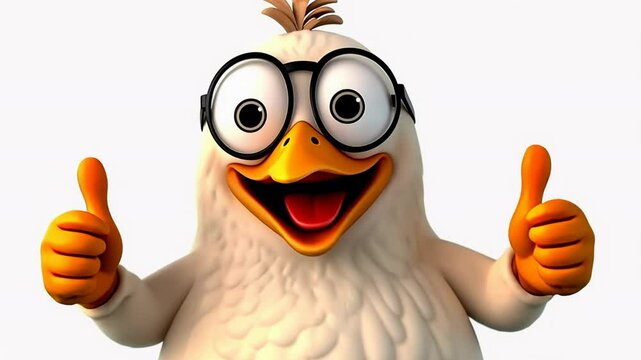 A lively cartoon chicken wearing glasses enthusiastically shows thumbs up, embodying a joyful spirit. This humorous character is sure to make anyone smile with its uplifting demeanor.