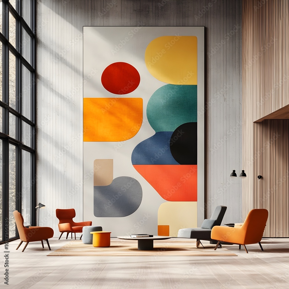 Poster dramatic and minimalist studio environment featuring large scale typographic artwork sparse furnishi