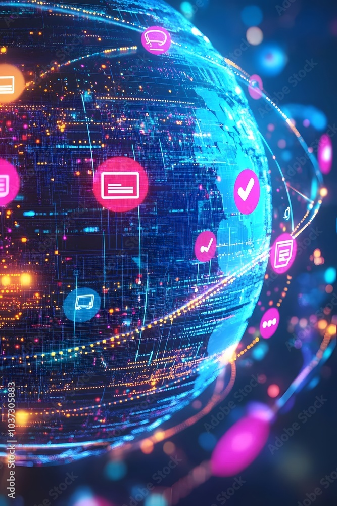 Poster a vibrant, digital globe interconnected with various icons, representing data, technology, and commu